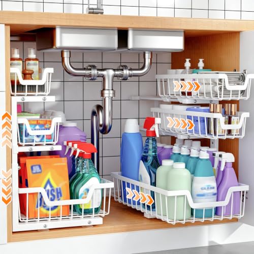 Under Sink Organizer, 2-Pack 3-Tier Height Adjustable Thickened Metal Pull out Cabinet Organizer Shelf, Slide out Storage Drawer Rack for Bathroom Kitchen Pantry Home Laundry Organization (White) - color: White