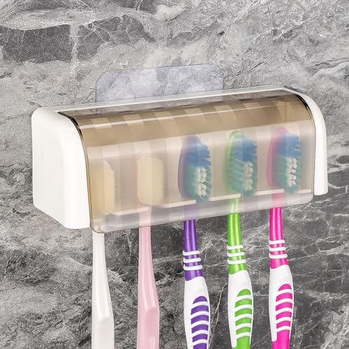 5 Slots Wall Mount Toothbrush Holder with Cover, Self Adhesive Toothbrush Storage Organizer for Shower, Toothbrush Hanger for Bathroom, Medicine Cabinet, Dorm(White + Grey) - color: White + Grey 1pack