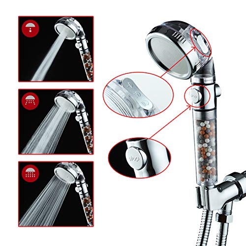 Filtered Shower Head with Purifying Beads – 3 Function High Pressure Handheld Shower for Hard Water – Removes Chlorine & Impurities, Softens Skin/Hair – On/Off Switch, Adjustable Bracket & Hose