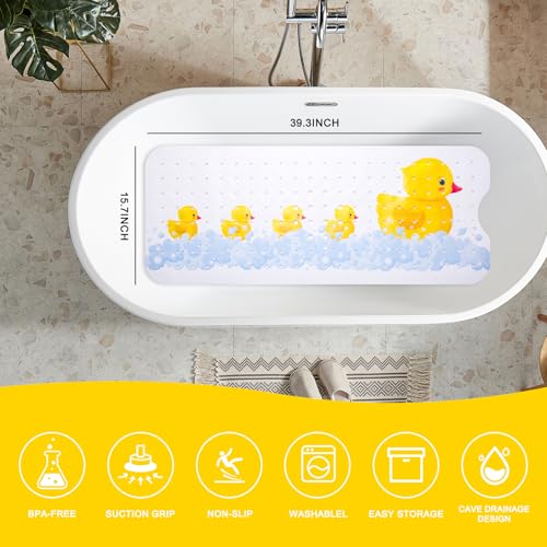 PRATIQUE Kids Bath Mat for Tub Non Slip，40 X 16 Inch Extra Long Kids Bathtub Mat Duck Print Bathtub Shower Mat Safety Anti Slip with Suction Cups and Drain Holes, Machine Washable - color: Yellow Duck