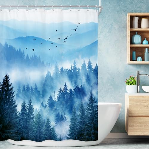 Riyidecor Navy Blue Stall Narrow Rv Small Bathroom Shower Curtain Set | 48"W x 72"L shower curtain， Nature Mountain: HD waterproof print, quick-dry cloth, free hooks for easy installation. - color: A-02blue, size: 72"W x 48"L (Pack of 1)