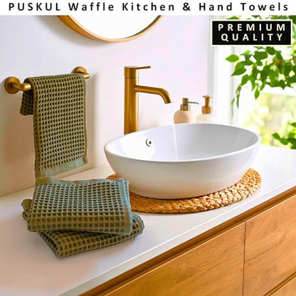 PÜSKÜL Natural 100% Turkish Cotton Waffle Hand and Kitchen Towels Set of 3 | Khaki Green, Large 32x16 inc, Honeycomb-Waffle weave towel for bathroom & kitchen. Premium quality oeko-tex made in Turkey. - color: Khaki Green, size: Kitchen & Hand Towels Pack