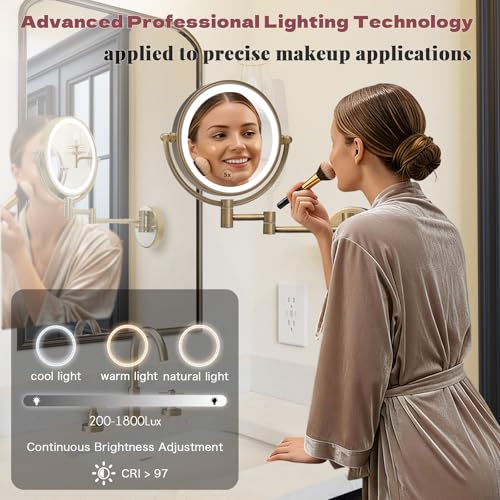 8" Lighted Makeup Mirror Wall Mounted with Magnification, Antique Brass | 2 Sided, 1X/5X Magnifying, 3-Color Lighting, Touch Dimming, Extended Arm, 360 Rotation, Bathroom Vanity Cosmetic, Hardwired - color: Antique Brass