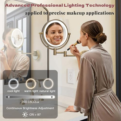 8" Lighted Makeup Mirror Wall Mounted with Magnification, Antique Brass | 2 Sided, 1X/5X Magnifying, 3-Color Lighting, Touch Dimming, Extended Arm, 360 Rotation, Bathroom Vanity Cosmetic, Hardwired - color: Antique Brass