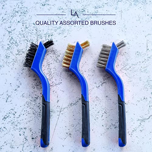 Wire Brush Set 3Pcs - Nylon/Brass/Stainless Steel Bristles with Curved Handle Grip for Rust, Dirt & Paint Scrubbing with Deep Cleaning – 7 Inches (Blue) - color: Blue