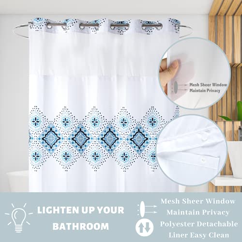 71" W x74 H Hotel Grade Fabric Hook Free Shower Curtain with Replacement Magnets Liner White&Blue Boho Style –100% Waterproof Machine Washable Top See Through Mesh Window Standard Size - color: White&blue, size: 71"W x 74"L (Pack of 1)
