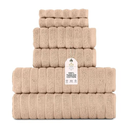 Classic Turkish Towels CTT Luxury 6 Piece Towel Set, 100% Turkish Cotton, Quick Drying, Highly Absorbent & Comfy, Includes 2 Bath Towels, 2 Hand Towels & 2 Washcloths | (Almond Beige) - color: Almond Beige, size: 6-Piece Towel Set