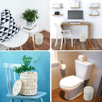Ctosree 1.3 Gal Boho Woven Trash Can with Lid, Cream White | Braided polypropylene waste basket with handle and 100 garbage bags for bathroom, bedroom, office, or laundry. - color: Cream White, style: Round