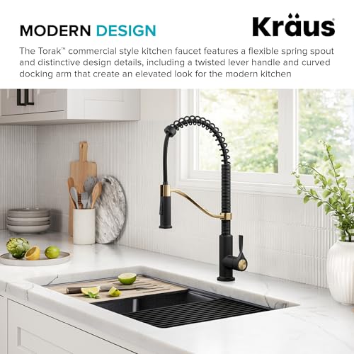 KRAUS Torak Pull Down Kitchen Faucet in Spot-Free Brushed Brass/Matte Black with Commercial Style Spring Spout, 2 Function Sprayer, Pre-Attached Water Lines, and Mounting Hardware, KPF-2635SFBBMB - color: Spot Free Brushed Brass/Matte Black, style: Commer