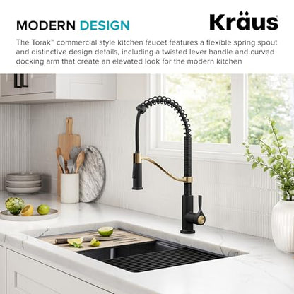 KRAUS Torak Pull Down Kitchen Faucet in Spot-Free Brushed Brass/Matte Black with Commercial Style Spring Spout, 2 Function Sprayer, Pre-Attached Water Lines, and Mounting Hardware, KPF-2635SFBBMB - color: Spot Free Brushed Brass/Matte Black, style: Commer
