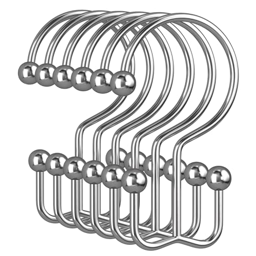 Chrome Shower Curtain Hooks, 12PCS Minimalist Simple Double Shower Curtain Rings, Rust-Resistant Metal Shower Hooks Shower Curtain Hangers, Shower Rings for Bathroom Shower Rods Curtains - color: Chrome, style: Minimalist - Double Hooks