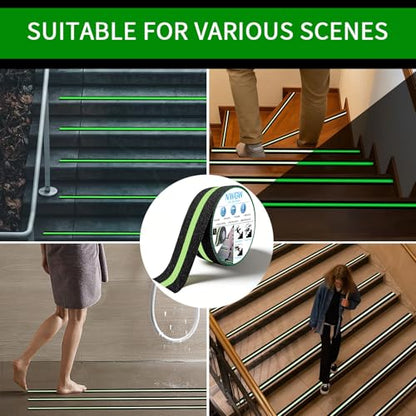 Glow in Dark Anti Slip Tape, 2" x50FT Heavy Duty Waterproof Safety Grip Tape for Stairs, Pool, Bathroom - Black & Glow Stripe Indoor/Outdoor Multi-Purpose Traction Tape - size: 2 Inch x 50 Feet