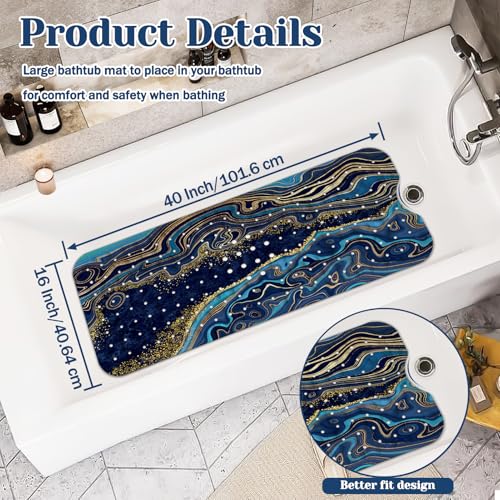 Marble Bath Tub Mat Non Slip, Blue Geometric Marble Non Slip Bath Mat for Shower, Large Washable Shower mats for Showers with Drain Holes and Suction Cups,40 X 16 Inch - color: Blue Geometric Marble