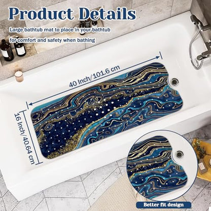 Marble Bath Tub Mat Non Slip, Blue Geometric Marble Non Slip Bath Mat for Shower, Large Washable Shower mats for Showers with Drain Holes and Suction Cups,40 X 16 Inch - color: Blue Geometric Marble