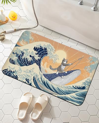 Funny Cat Riding Shark Bath Mat, Japanese Ocean Waves Bathroom Rugs, Absorbent Bath Rug Floor Rug Carpet for Bathroom Bathtub Bedroom Living Room, 17 x 29.5 Inches - color: Funny Cat Riding Shark