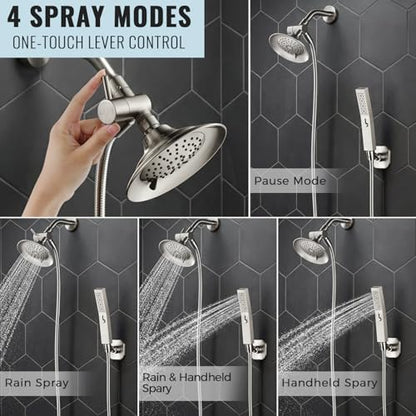 G-Promise Solid Metal High-Flow Shower Diverter Valve (Brushed Nickel) | High Water Output, 4 Spray Modes with Pause Mode, Anti-Leak, Use Separately or Both, Easy Install, Universal Replacement - color: Brushed Nickel