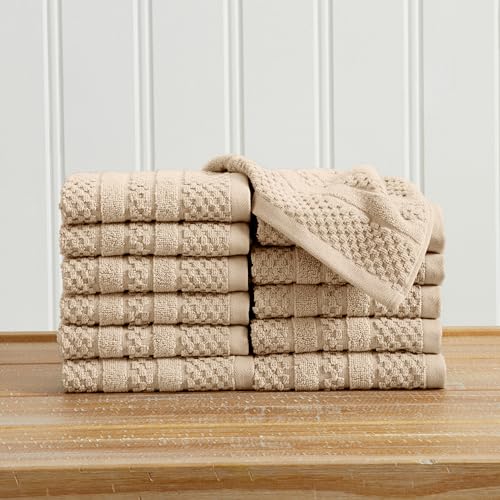 Great Bay Home 100% Cotton 12 Pack Washcloth Set - Absorbent, Quick-Drying, Checkered Jacquard Bath Towels for Bathroom - Zero-Twist Fibers (Sandstone) - color: Sandstone, size: Washcloth (Pack of 12)