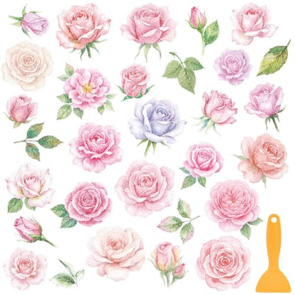 Fullhawl 30 Pcs Rose Non Slip Bathtub Stickers Colorful Rose Anti Slip Shower Stickers Shower Floor Nonslip Sticker Applique Adhesive Decals Treads with Scraper for Bathtub Bathroom Floor - style: Rose