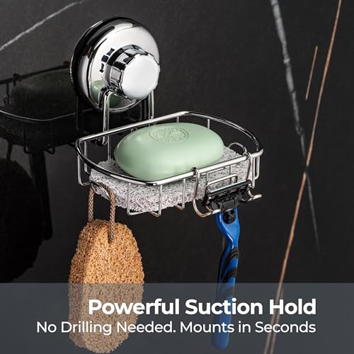 HASKO Suction Cup Soap Dish for Shower Wall, Rustproof Stainless Steel Shower Soap Holder for Bathroom with Hooks and Soap Saver, Includes Optional No Drill Adhesive Mount, Silver - color: Silver