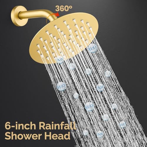 Airuida Shower Faucet Set,6 Inch Brushed Gold Shower Trim Kit | Round Rainfall Shower Head,Single Handle,Male Threads Rough-in Valve,Wall Mount Bathroom System - color: Gold, size: 6 Inch