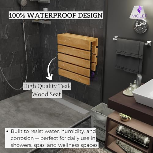 Folding Wall Mounted Teak Wood Shower Seat with Backrest, Water Resistant Foldable Bathroom Stool with Legs, Premium Materials Handmade Shoe Changing Bench, Space Saving and Super Safe Chair (Natural) - color: Natural