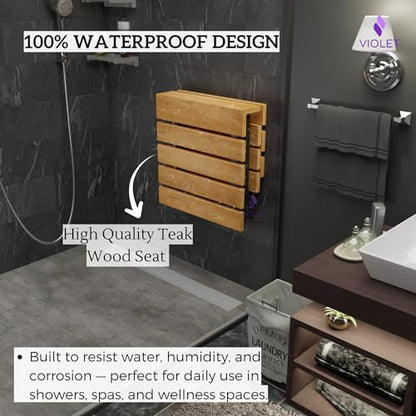 Folding Wall Mounted Teak Wood Shower Seat with Backrest, Water Resistant Foldable Bathroom Stool with Legs, Premium Materials Handmade Shoe Changing Bench, Space Saving and Super Safe Chair (Natural) - color: Natural