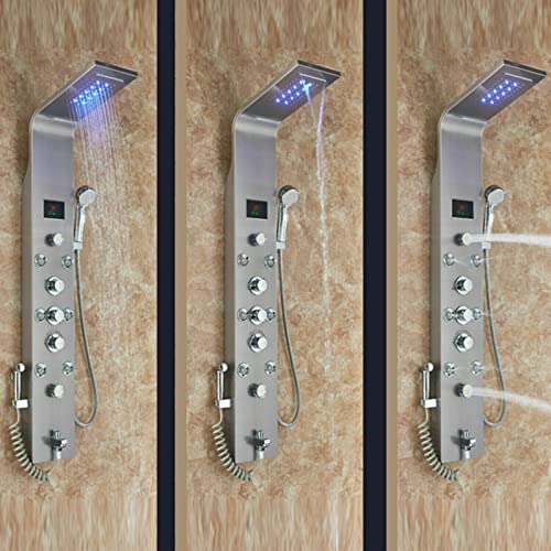 Shower Panel Tower System Stainless Steel LED Rainproof and Waterfall Massage Body Jets
