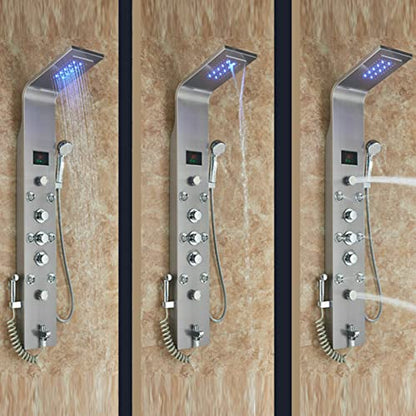 Shower Panel Tower System Stainless Steel LED Rainproof and Waterfall Massage Body Jets