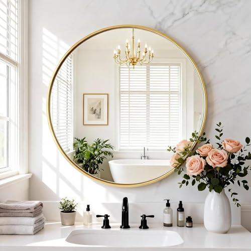 NEWBULIG Bathroom Mirror, Wall Mirror with Aluminum Alloy Thin Frame, Bathroom Mirrors for Over Sink, Bedroom, Living Room, Entryway - color: Gold-round