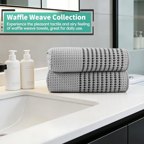 MICROFI New Microfiber Waffle Bath Towels, 2 Pieces, Soft, Absorbent, Fast Drying, Lint Free 430 GSM (30''x60''/76cm x 152cm) - color: Silver Striped
