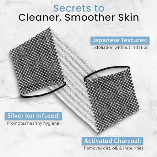 SHOWER BOUQUET Japanese-Exfoliating-Washcloth 2-Pack Charcoal & Silver Ion | Exfoliating Towel with Handles | Two-Sided Gentle Exfoliation & Deep Cleansing | Back & Body Wash Cloths for Shower | 2 White - color: 2 Charcoal White, size: 1 Count (Pack of 2)