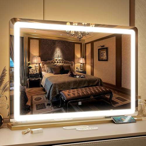 FENNIO Vanity Mirror with Lights 32"x22", Lighted Makeup Mirror, Large Vanity Mirror with Lights, Touch Sensor with 3 Color Lighting,USB Charging Port for Vanity Desk Tabletop（Gold） - color: Gold, size: 32"L x 22"W