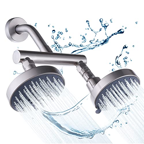 AZOS Double Shower Head with Shut-Off Valve, Bathathroom High Pressure Dual Fixed Rain Shower Head Combo with Brass Dual Outlet Manifold, Adjustable 5 Function Showerhead Brushed Nickel - color: Brushed Nickel