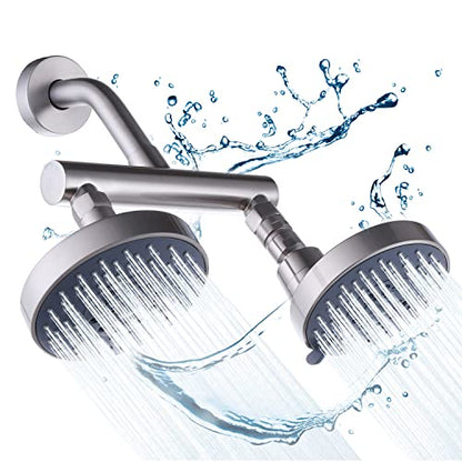 AZOS Double Shower Head with Shut-Off Valve, Bathathroom High Pressure Dual Fixed Rain Shower Head Combo with Brass Dual Outlet Manifold, Adjustable 5 Function Showerhead Brushed Nickel - color: Brushed Nickel