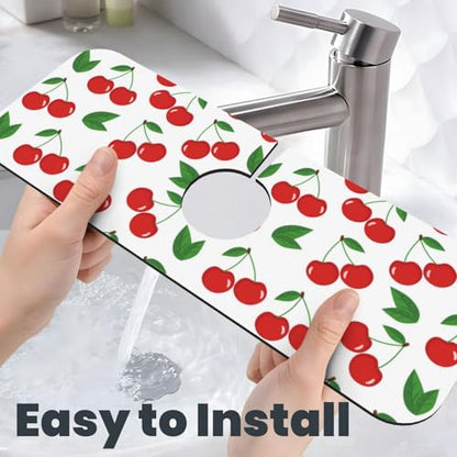 Fruit Cherry Red Cherries Leaves Leaf White Kitchen Sink Splash Guard Faucet Mat Super Absorbent Fast Drying Mat Sink Gadgets-Fast Drying Pad Sink Mat For Kitchen Bathroom (15" X 5.5" ) - color: Cherry Red