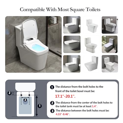 XCQQ Electric Heated Bidet Seat with Remote, Square, F16 | Rectangular, Instant Warm Water, Heated Seat, Warm Air Drying, Slow Close Lid, LED Display, Nightlight