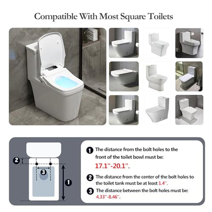 XCQQ Electric Heated Bidet Seat with Remote, Square, F16 | Rectangular, Instant Warm Water, Heated Seat, Warm Air Drying, Slow Close Lid, LED Display, Nightlight