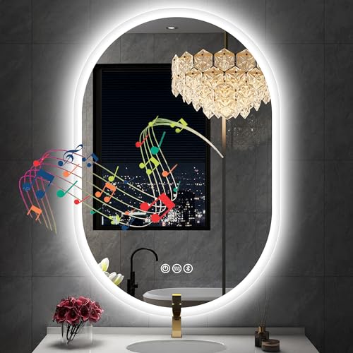 S'bagno 24x40 Oval LED Bathroom Mirror with Lights, Anti-Fog, Bluetooth Speaker, 3 Colors Temperature & Dimmable, Lighted Mirrors for Bathroom Wall with Memory Function, Waterproof, Shatter-Proof - color: Silver-1 Pack, size: 40"L x 24"W