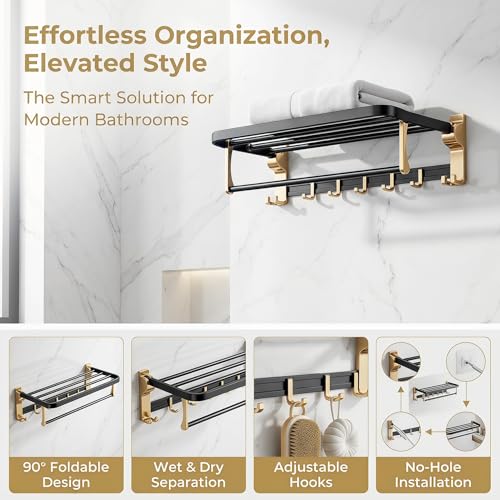 Towel Storage for Small Bathroom、 24 inch Towel Rack，Bath Towel Holder， Foldable Towel Rack with 7 Hooks, Bathroom and Toilet wall Mounted Towel Rack Made of Aviation Aluminum (Luxury Black Gold)