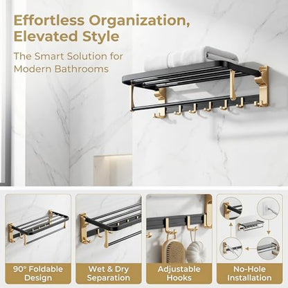Towel Storage for Small Bathroom、 24 inch Towel Rack，Bath Towel Holder， Foldable Towel Rack with 7 Hooks, Bathroom and Toilet wall Mounted Towel Rack Made of Aviation Aluminum (Luxury Black Gold)