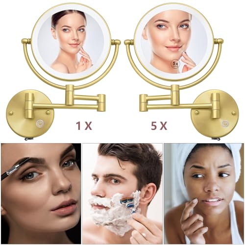 8 Inch Brass Rechargeable Lighted Wall Mounted Makeup Mirror Gold, 1X/5X Double Sided Vanity Mirror with Light and Magnification, 360 Swivel Extendable Shaving Mirror, Brushed Gold - color: Brushed Gold