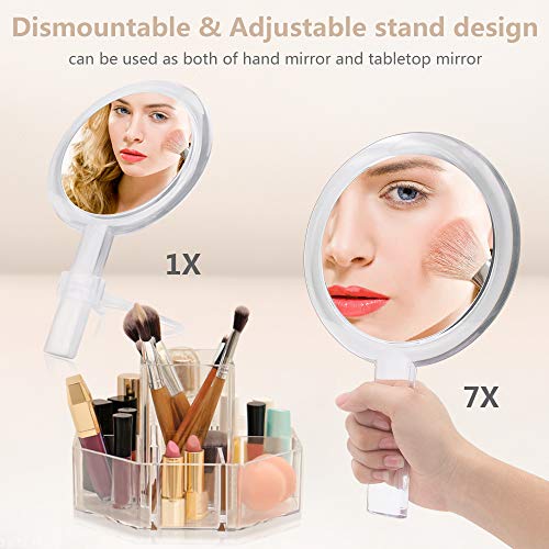Double Sided 1x-7X Magnification Hand Held Makeup Mirror, Adjustable Stand | Distortion-free & High Definition, Portable, Multi-Purpose, Clear, Handheld Vanity Mirror for Women & Men, Makeup, Shaving