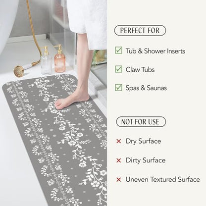 SHUCHING Gray Bath Mat for Tub Non Slip-40x16 Inch, Flower | Bathtub Mat for Women & Elderly Mold Free, Long Shower Mat for Inside Shower with Suction Cup, Machine Washable - color: Gray