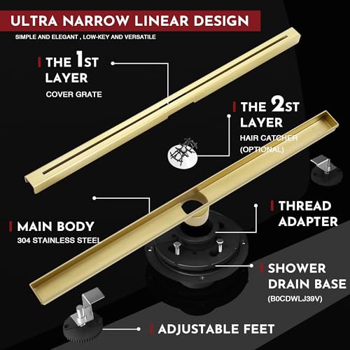 28 Inch Ultra Narrow Linear Shower Drain, Brushed Gold Extra Slim Shower Drain, 304 Stainless Steel, Easy to Install and Clean for Bathrooms (Drain Base Not Included), LSDE8-31A-28G - color: Brushed Gold, size: 28 Inch