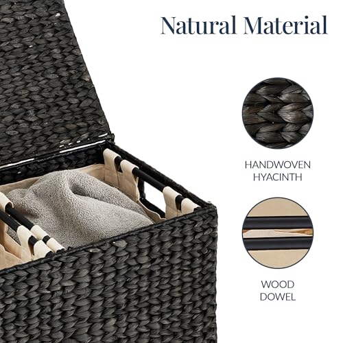 Best Choice Products Large Double Laundry Hamper with Lid, Natural Handwoven Water Hyacinth, 2 Sections w/ 2 Machine Washable Linen Liner Bags, Portable, Handles - Black - color: Black