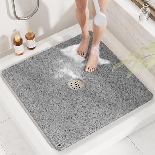 HITSLAM Square Loofah Shower Mat, 27x27 Inch Non Slip Bath Mat, Grey | Cushioned PVC Bathtub Mat Without Suction Cups, Quick Drying With Middle Drain Hole, Hanging Holes For Easy Storage - color: Grey, size: 27" x 27" (Square)