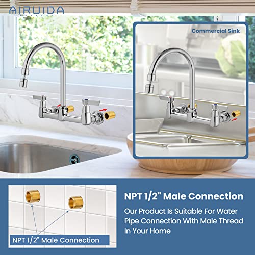Airuida 8 Inch Chrome Polish Wall Mount Kitchen Sink Faucet | 2 Handle Kitchen Faucet,without Adapter,360° Swivel Spout,Commercial Sink Faucet,for Laundry Utility - color: Chrome Polish