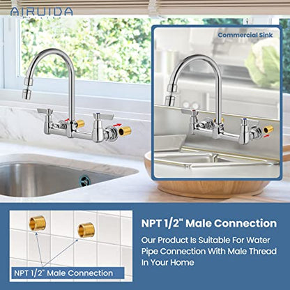 Airuida 8 Inch Chrome Polish Wall Mount Kitchen Sink Faucet | 2 Handle Kitchen Faucet,without Adapter,360° Swivel Spout,Commercial Sink Faucet,for Laundry Utility - color: Chrome Polish