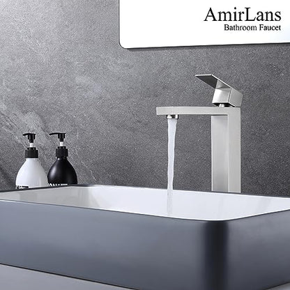 Brushed Nickel Vessel Sink Faucet, Tall Bathroom Faucet 1 Hole | Stainless Steel Single Hole Bathroom Sink Faucet, Tall Vanity Faucet with Pop Up Drain - color: Brushed Nickel, size: Tall