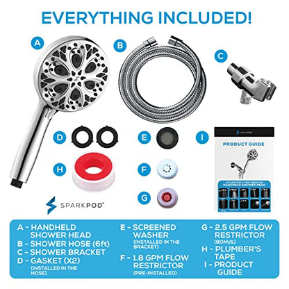 SparkPod 10-Mode Handheld Shower Head, 5 Inch, Polished Chrome Finish | Power Jet Spray, ABS Body Won't Rust, 6 ft. Stainless Hose, Touch-to-Clean Nozzles